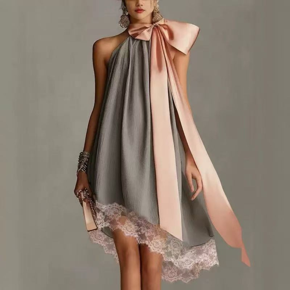 Zimmermann Elegant Grey Halter Dress with Pink Bow
